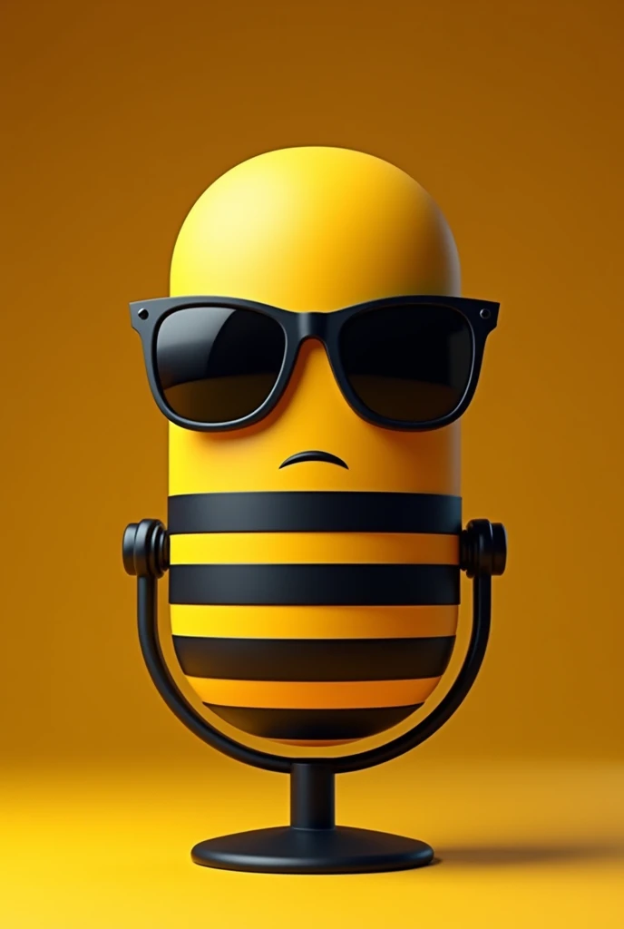 Black Cartoon Podcast microphone wearing sunglasses with a closed face and black and yellow stripes background