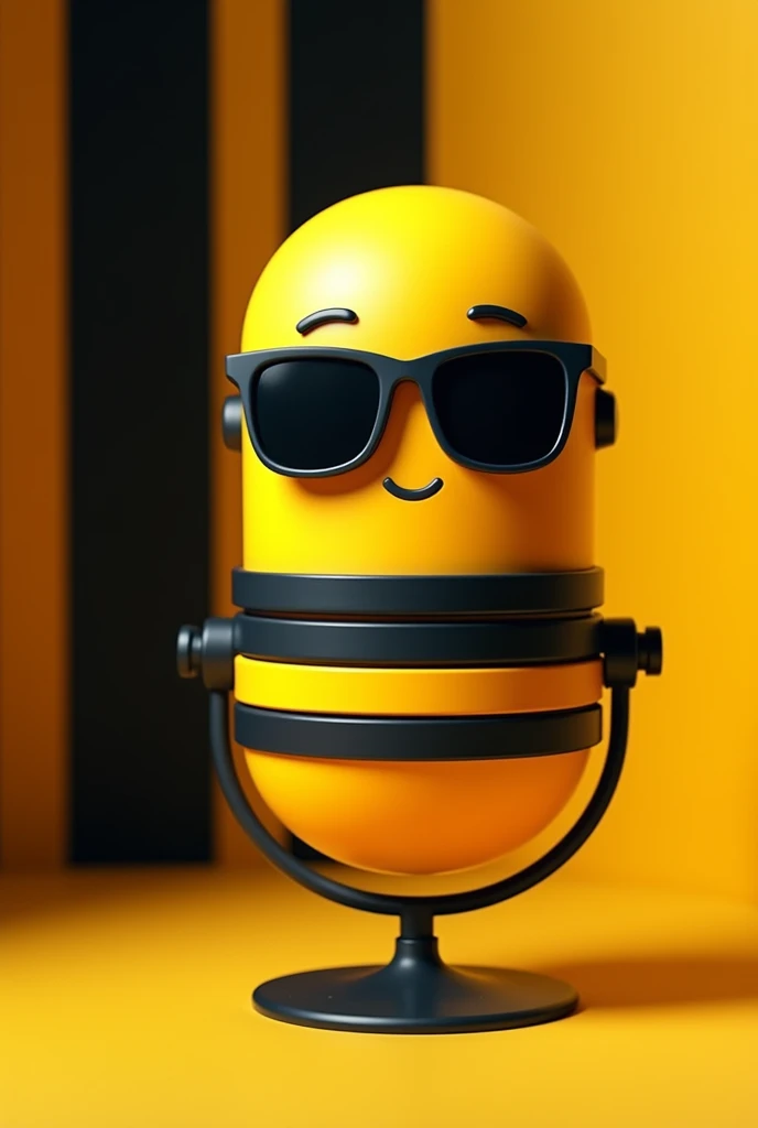 Black Cartoon Podcast microphone wearing sunglasses with a closed face and black and yellow stripes background
