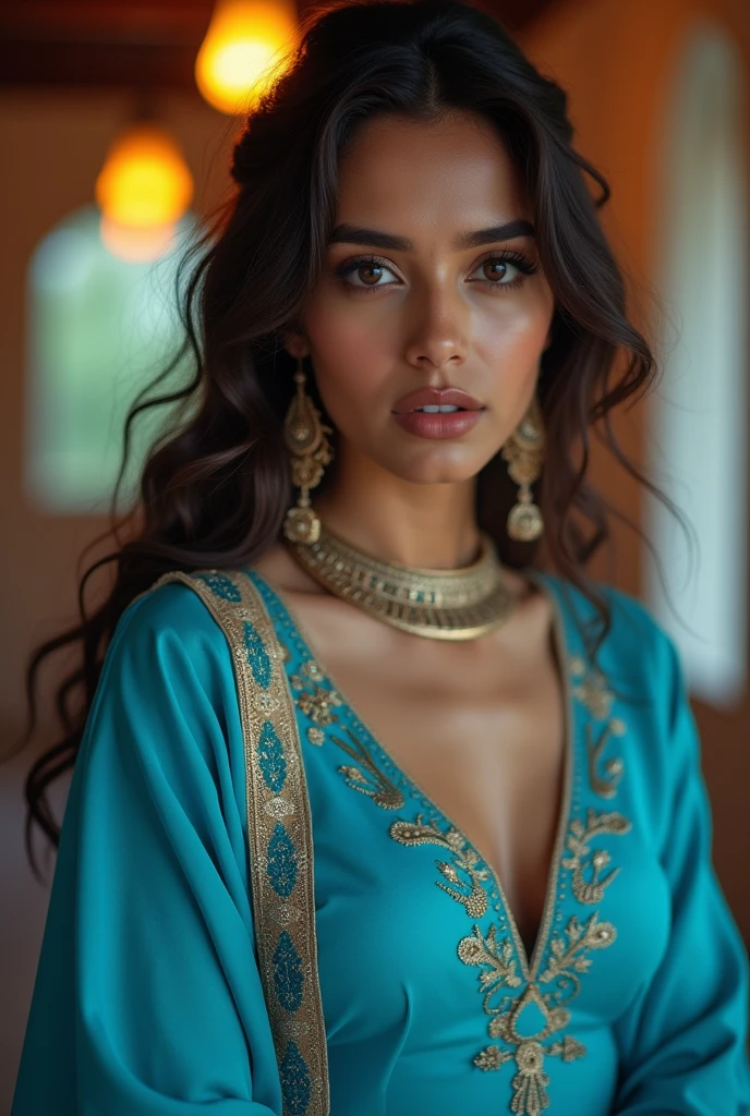 Aesthetic Photo of a girl wearing blue salwar kameez,with a 90s pose,big breasts