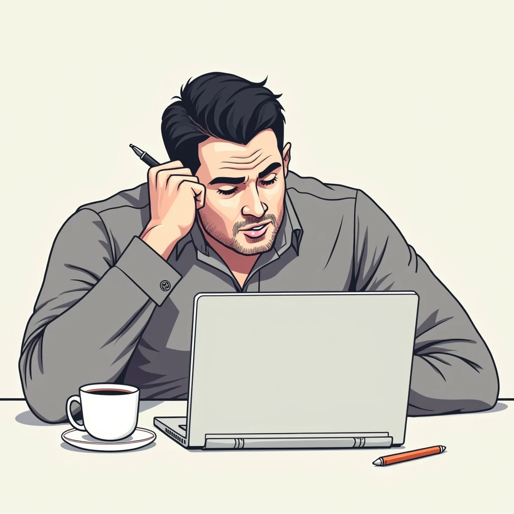 isotopic design, an illustration of a man working before a laptop, pen on his ear, coffee beside his laptop, biting on his tongue,