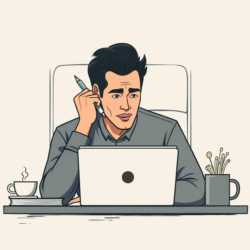 isotopic design, an illustration of a man working before a laptop, pen on his ear, coffee beside his laptop, biting on his tongue,  