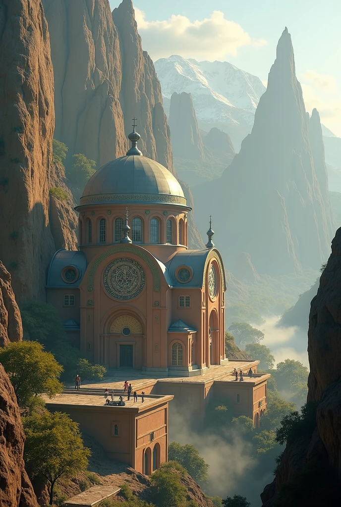 there is a large Ethiopian Orthodox Church building with hemispherical Dom that is built into the side of a mountain, intricate matte painting, matte painting of human mind, digital matte painting, ancient yet futuristic, elaborate matte painting, hyperdetailed 3d matte painting, hyperdetailed 3 d matte painting, extravagant matte painting, epic matte painting, epic cinematic matte painting, matte painting concept art, giant tomb structures,smoke, tree.