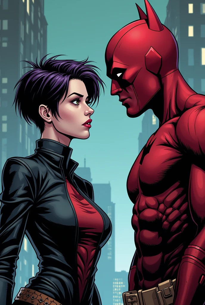 DC comic panel, women, black hair with pixie cut and purple highlights, light brown eyes and pale skin. He is talking to Red Hood.