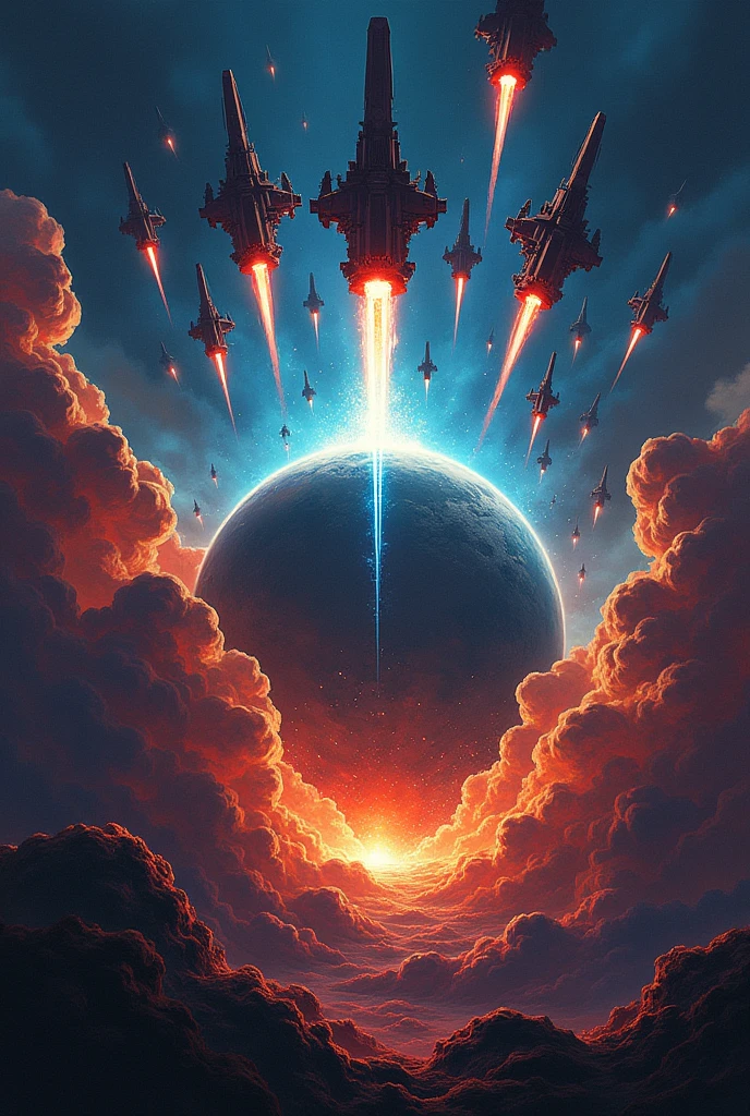 ((exterminatus the musical name logo)), planet bombarded by a huge spaceships, 
