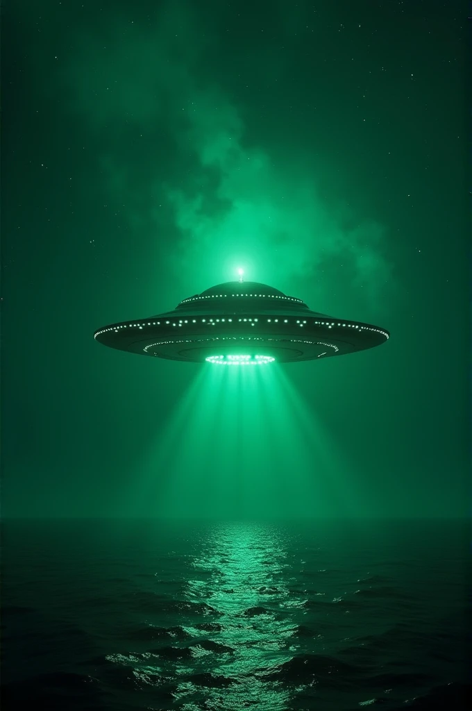 ((best quality)), ((masterpiece)), (detailed), Inside, he glimpses mysterious alien (some aliens) beings using advanced technology beyond comprehension (UFO) . (night green) (in the middle of ocean )