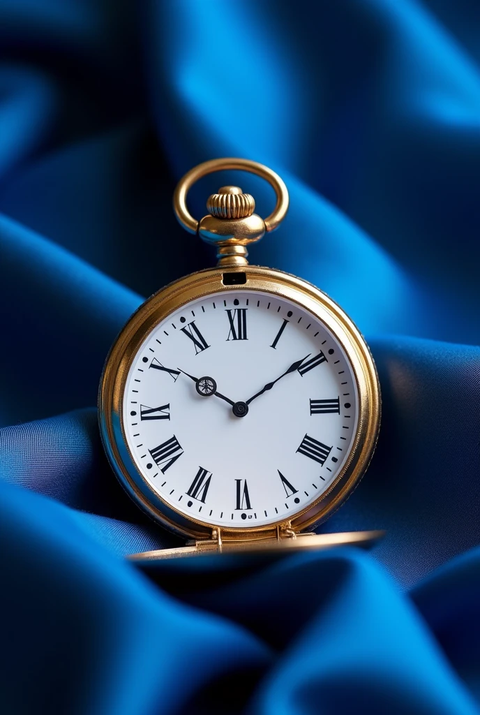 Faire part de mariage avec l'idée d'une montre à gousset, couleur royale avec l'heure a 10h10. Il faut que la montre a gousset soit droite, face a nous, surtout pas de biais, pour pouvoir y écrire quelque chose dessus. Avec un tissu de fond en soie bleu. La montre a gousset doit être assez grosse pour la voir dans les.moindre detail