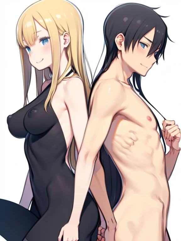 Male and Female、Black haired man and blonde long haired busty woman、Back to Back、Smiling、Naked and naked、Nipples、blush、((Blonde long hair woman))、Simple white background、(A naked man with short black hair、Man with bouncy hair)
