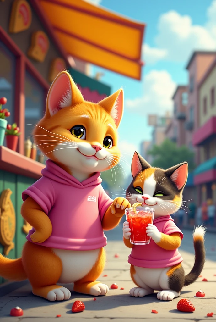 I want you to create a pair of cats, one calico and one orange, eating at a taco stand on the street while they sit on the sidewalk sharing a strawberry lemonade., I want the male to be a little bigger than the female calico kitten, I want you to make them fatter and prettier, I want them to have matching pink shirts