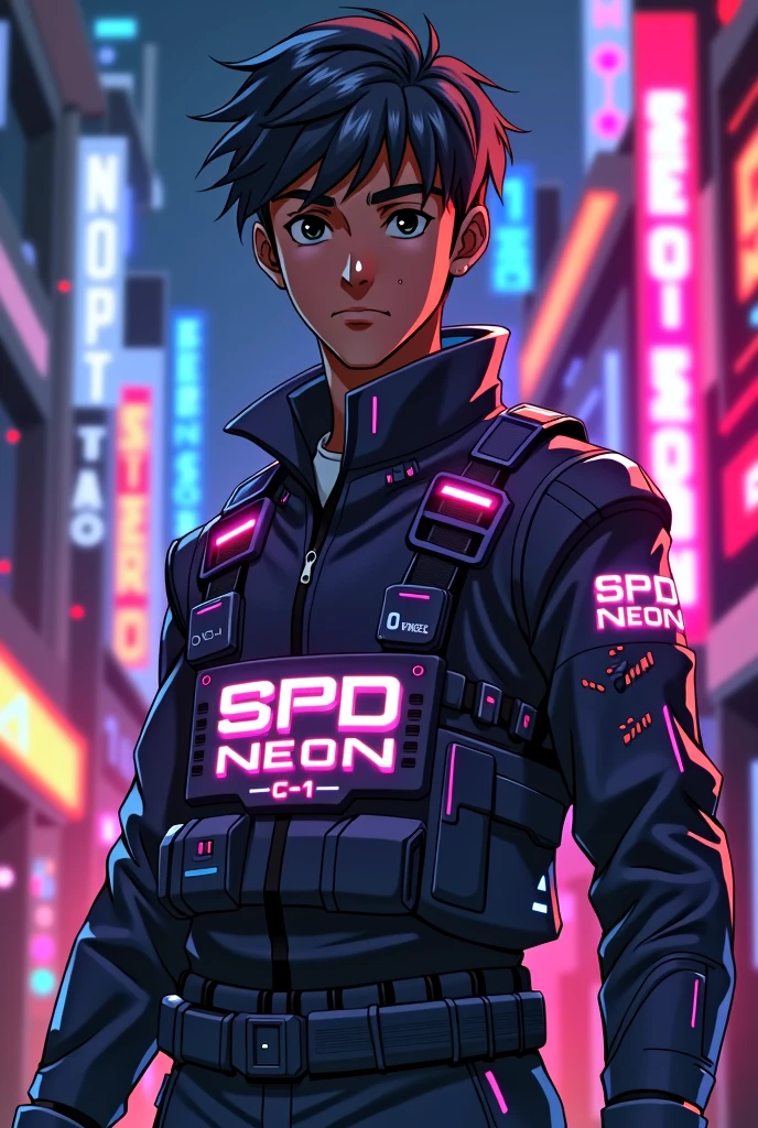 A 1 dark-skinned young man,with a SWAT uniform, only instead of saying SWAT it says SPD-Neon-1 but anime style