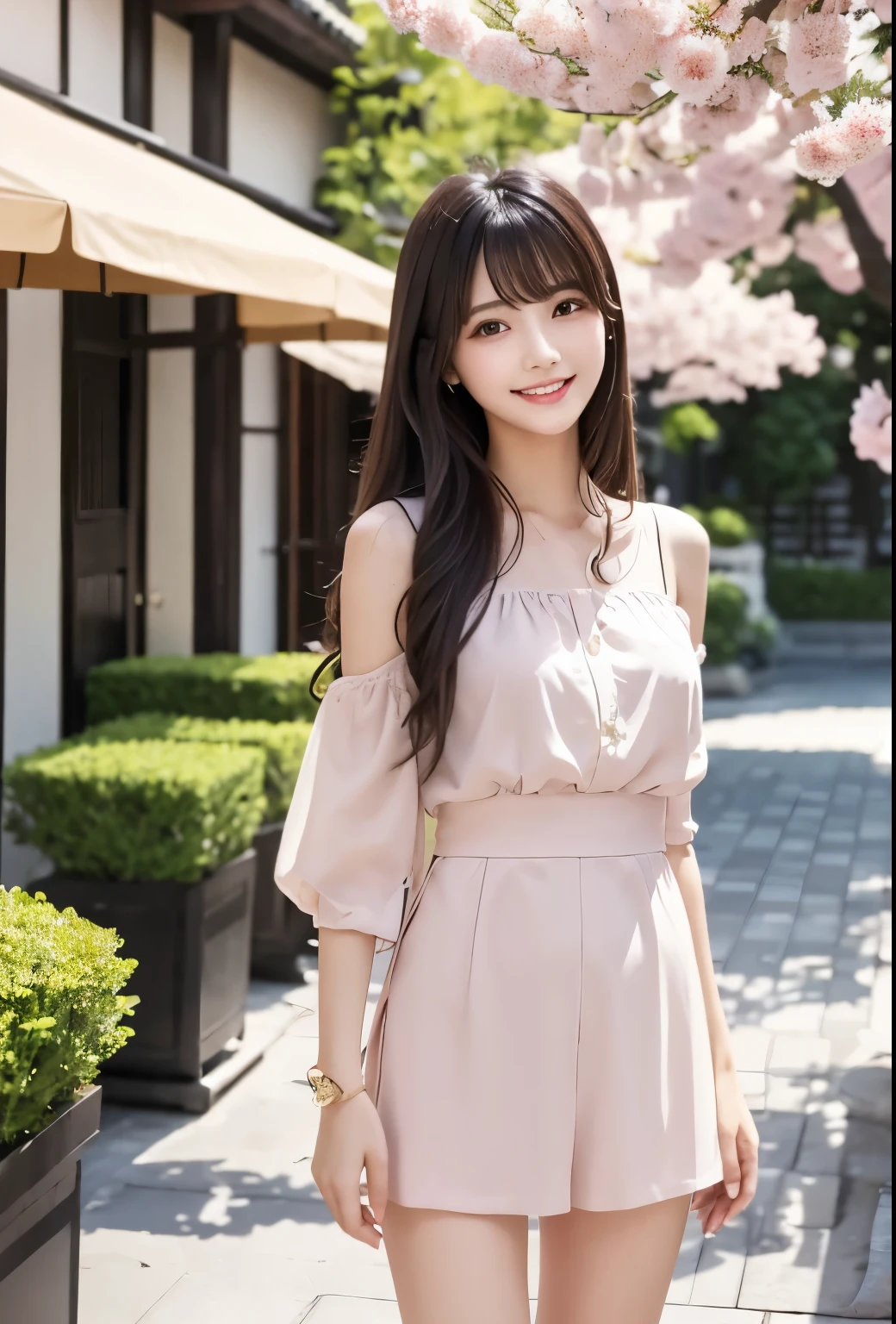 masterpiece、Highest quality、whole body、One Girl、bangs、Japanese、Long Black Hair、Long Hair、smile、alone、morning、terrace、flower、Stylish woman、pastel colored outfits、front、Luxury background elements、Confident expression、Modern and trendy、Fashion focus