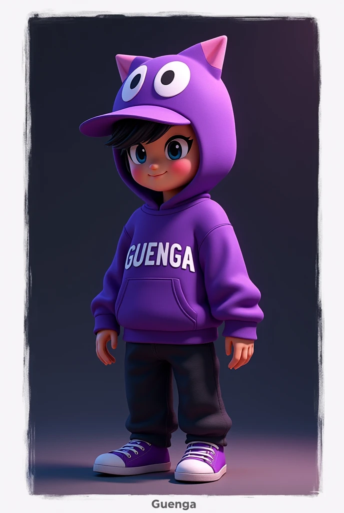 a character with a purple Guenga sweatshirt with Guenga eyes, black pants purple tennis shoes with a hat on top with Guenga's face with a dark background with black hair .cartoon style,minecraft,white border around the character.