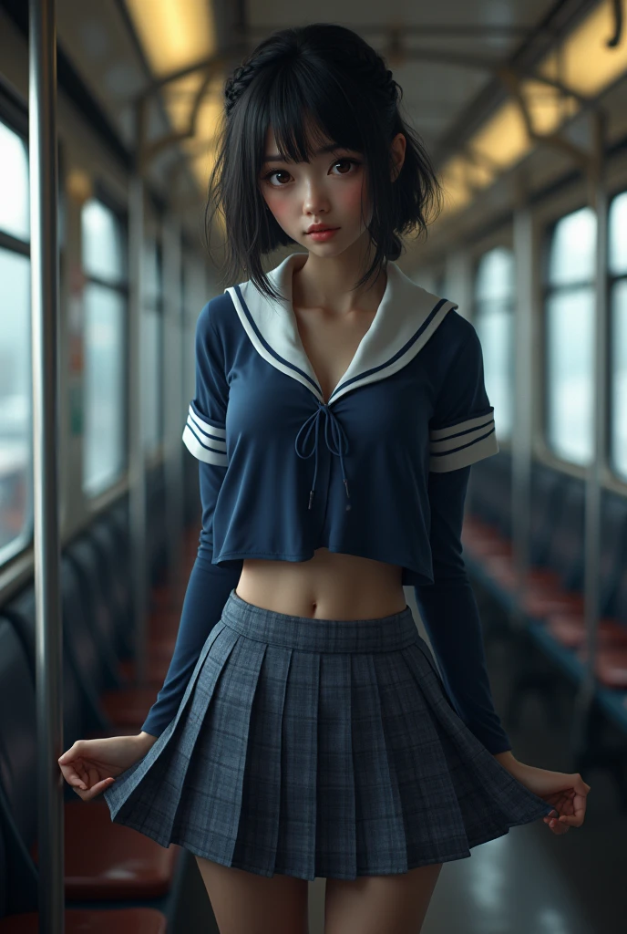 Highest quality、High resolution、Detailed Background、Realistic、RAW Photos、(Beautiful face in every detail:1.4)、Anatomically correct、Normal number of fingers、Highly detailed face、Detailed eyes、Teenage beauty、Huge breasts、Perfect body line、Braided bob cut、ponytail、cute髪型、well-groomed eyebrows、Shiny navy blue sailor suit、White sailor collar、Checkered pleated mini skirt、White Pantyhose、Accentuate your breasts、Accentuate your cleavage、Show your side、(Underboob:1.2)、cute仕草、
(A girl on a train looking at you with a troubled expression:1.5)、
(Skirt lifted for a close-up:1.5)、Panty Shot、cute