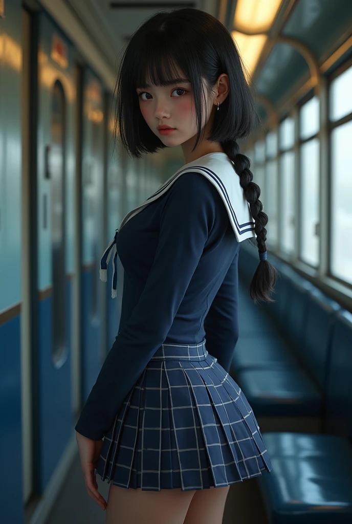 Highest quality、High resolution、Detailed Background、Realistic、RAW Photos、(Beautiful face in every detail:1.4)、Anatomically correct、Normal number of fingers、Highly detailed face、Detailed eyes、 beauty、Huge breasts、Perfect body line、Braided bob cut、ponytail、cute髪型、well-groomed eyebrows、Shiny navy blue sailor suit、White sailor collar、Checkered pleated mini skirt、White Pantyhose、Accentuate your breasts、Accentuate your cleavage、Show your side、(Underboob:1.2)、cute仕草、
(A girl on a train looking at you with a troubled expression:1.5)、
(Skirt lifted for a close-up:1.5)、Panty Shot、cute