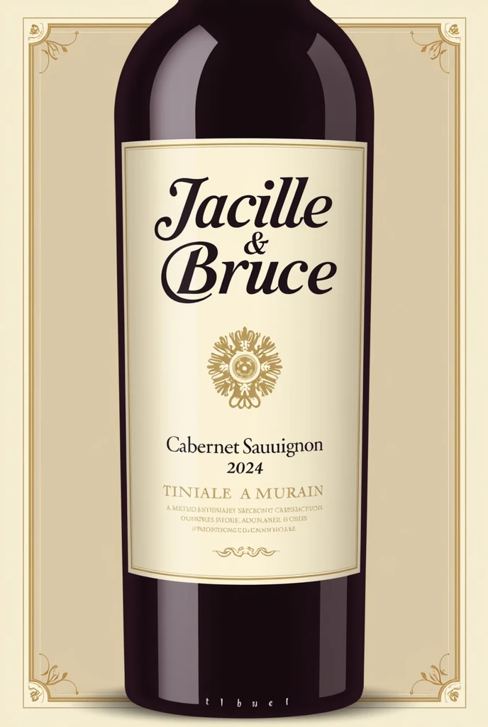 Create a classic and elegant label for Jacielle wine & Bruce 2024 in vector format, suitable for printing. Use traditional and sophisticated typography for the name "Jacielle & Bruce" my name is "2024". The design must reflect the quality and sophistication of Cabernet Sauvignon wine. Use a sober and timeless color palette, like shades of gold, burgundy and cream, to complement the color of the wine.Additional Elements: Include a delicate border or frame and a placeholder for additional winery information or tasting notes., if desired. Make sure your design is created in vector format to ensure quality and accuracy when printed..minimalism, illustration, high resolution, precise, HD Model, high qualiy, super detaill, ultra HD,
