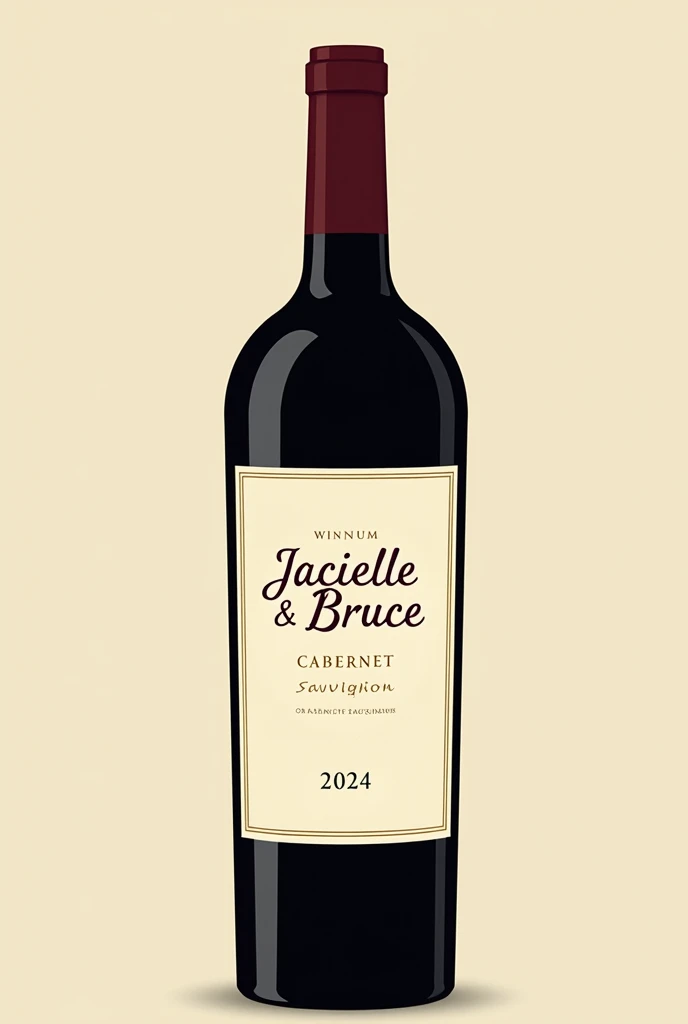 Create a classic and elegant label for Jacielle wine & Bruce 2024 in vector format, suitable for printing. Use traditional and sophisticated typography for the name "Jacielle & Bruce" my name is "2024". The design must reflect the quality and sophistication of Cabernet Sauvignon wine. Use a sober and timeless color palette, like shades of gold, burgundy and cream, to complement the color of the wine.Additional Elements: Include a delicate border or frame and a placeholder for additional winery information or tasting notes., if desired. Make sure your design is created in vector format to ensure quality and accuracy when printed..minimalism, illustration, high resolution, precise, HD Model, high qualiy, super detaill, ultra HD,