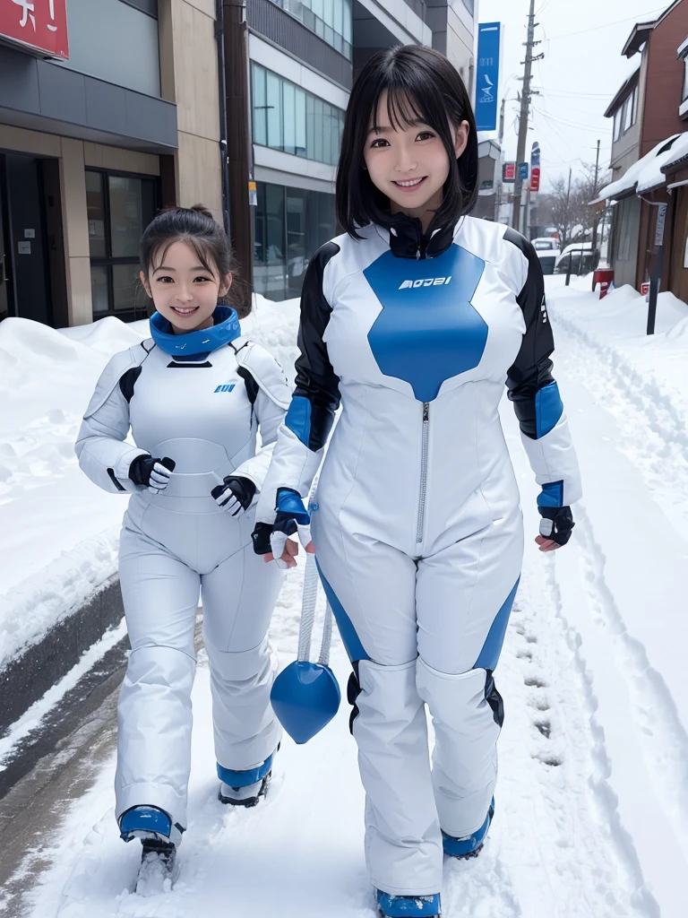Japanese female android sisters,Black Hair,White and blue robot suit,Plump,Walking down a street covered in a lot of snow,Close-up,smile,