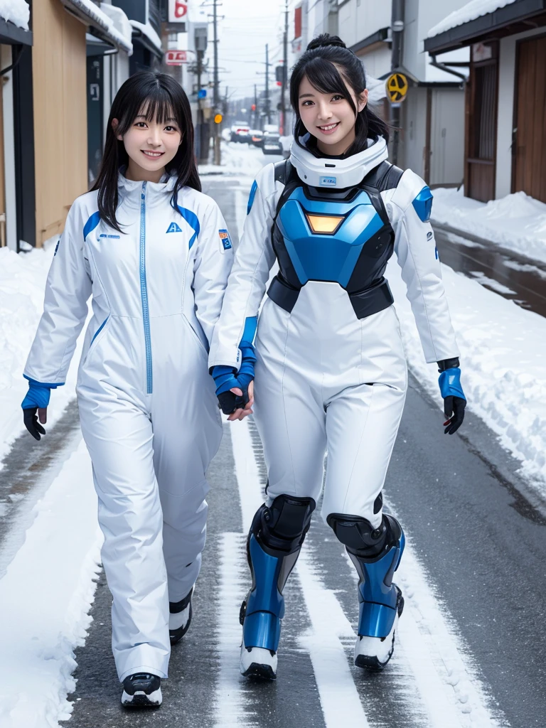 Japanese female android sisters,Black Hair,White and blue robot suit,Plump,Walking down a street covered in a lot of snow,Close-up,smile,