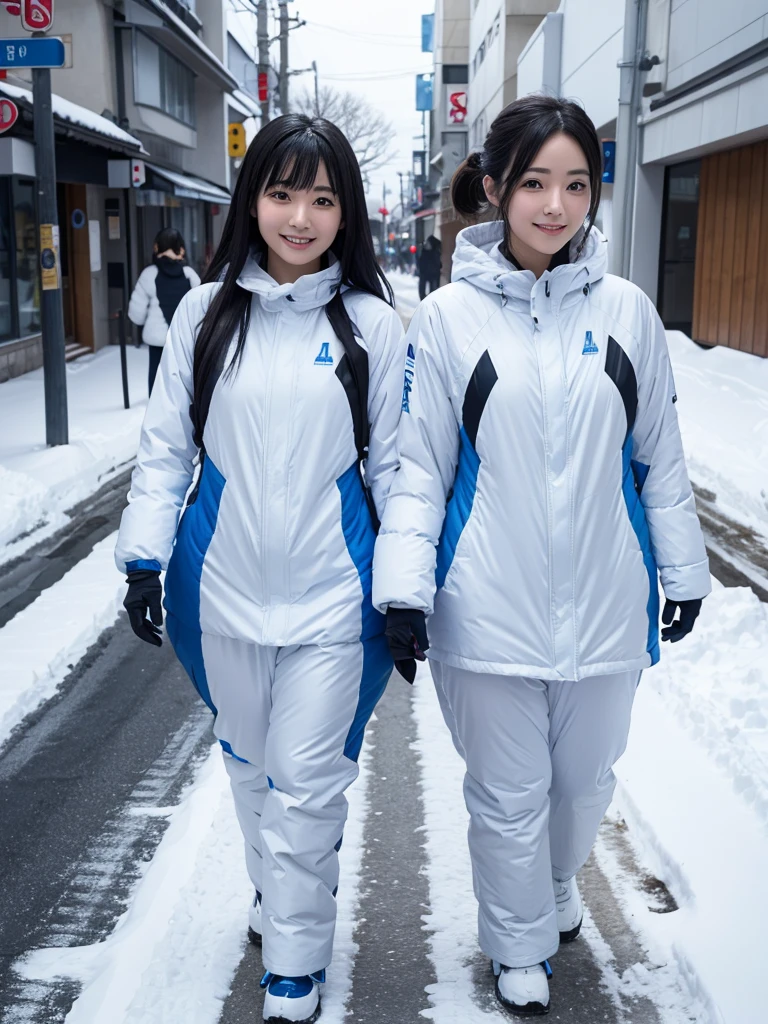 Japanese female android sisters,Black Hair,White and blue robot suit,Plump,Walking down a street covered in a lot of snow,Close-up,smile,