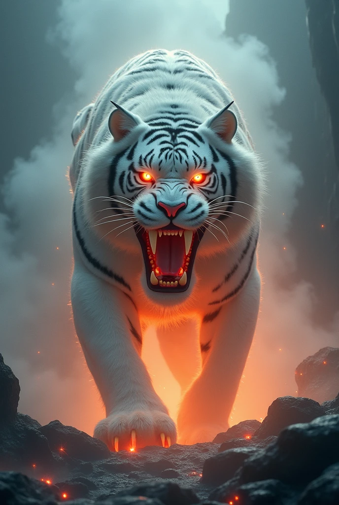 Chinese style,Chinese mythology,Le Tigre Blanc,Lujierche,enormous,very long canines, Le Ye Brilliant En Rouge,Effect de Rouer,Oat Collins,Brouillard Nouak,night,The middle shot scene is,Legion Entie Comme, Highly detailed, hyper-realistic VFX,OC Lendu, - AR 16:9 --q 2 --s 1000