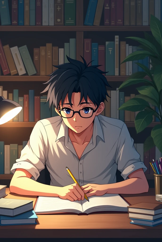 A male anime character who is studying