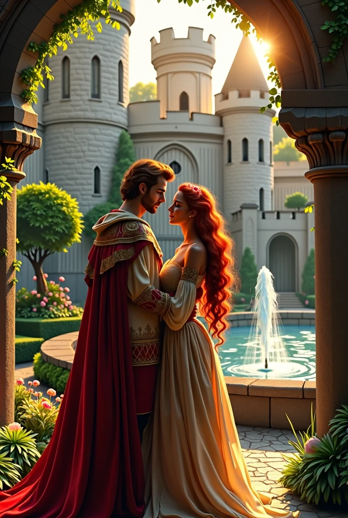 a medieval castle, a redhead and a handsome prince in the garden