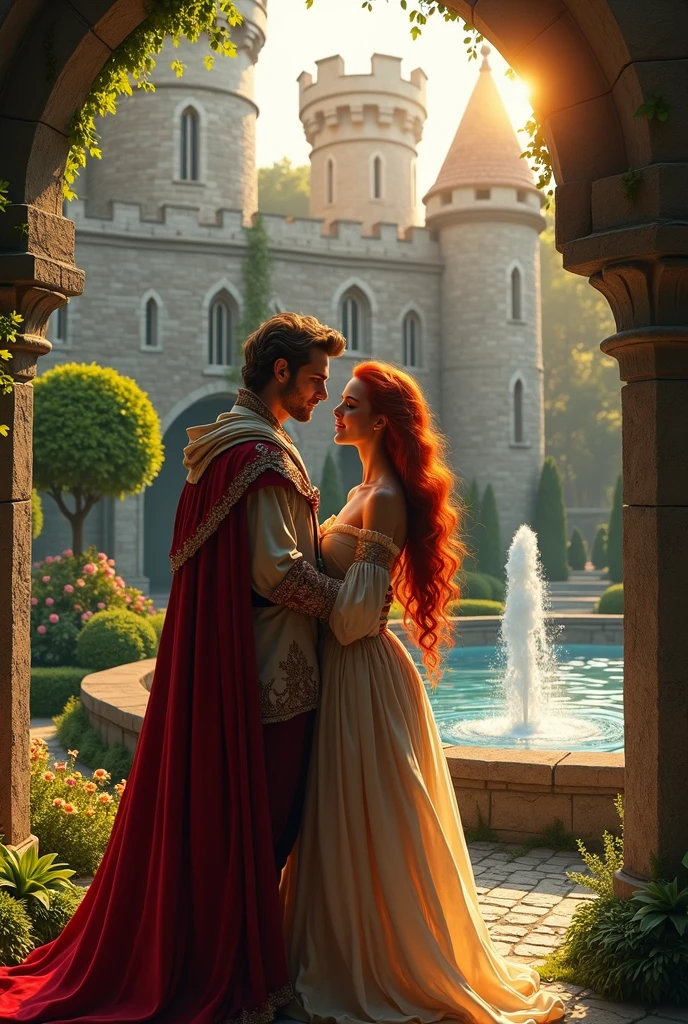 a medieval castle, a redhead and a handsome prince in the garden