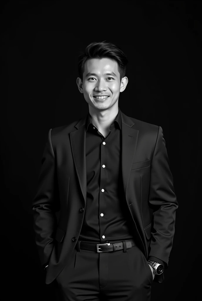 A professional black-and-white portrait of a perfect handsome indonesian man 30 yo, dark hair. wearing modern shirt inblazer. The background is solid black, highlighting her features and creating a sleek, modern look. The lighting is soft and evenly distributed, emphasizing confident and approachable expression.