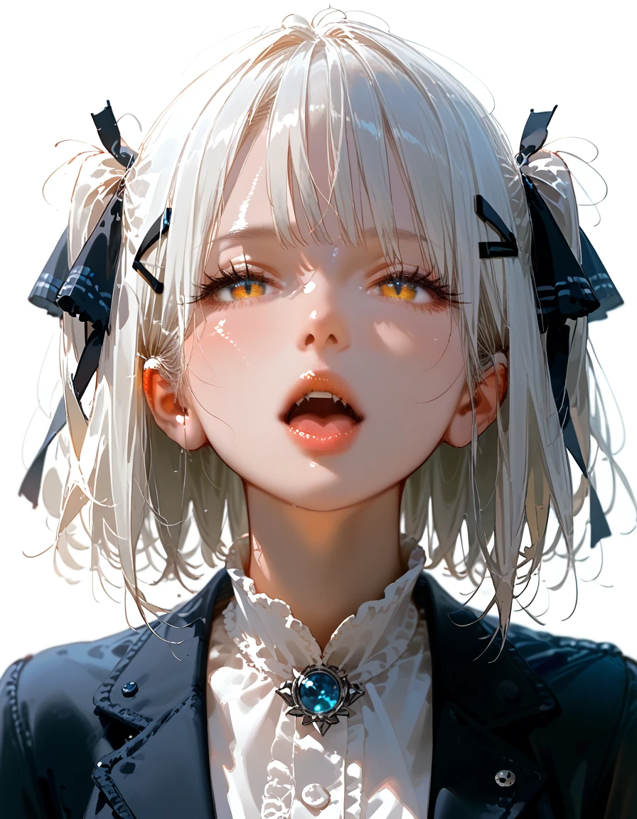 score_9, score_8_up,score_7_up,masterpiece, best quality, perfect anatomy, very aesthetic, official art, 8k,source_anime,2D, megami magazine, rating_safe ,1girl,shiny skin ,gleaming skin,seductive face,open mouth,tongue out,eyelashes,lips gloss, vampire_girl, fangs,huge_breasts,short bob hair,twintails, white hair ,hairclip,gothic lolita,school uniform,jacket ,school
