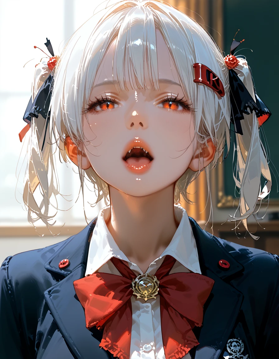 score_9, score_8_up,score_7_up,masterpiece, best quality, perfect anatomy, very aesthetic, official art, 8k,source_anime,2D, megami magazine, rating_safe ,1girl,shiny skin ,gleaming skin,seductive face,open mouth,tongue out,eyelashes,lips gloss, vampire_girl, fangs,huge_breasts,short bob hair,twintails, white hair ,hairclip,gothic lolita,school uniform,jacket ,school
