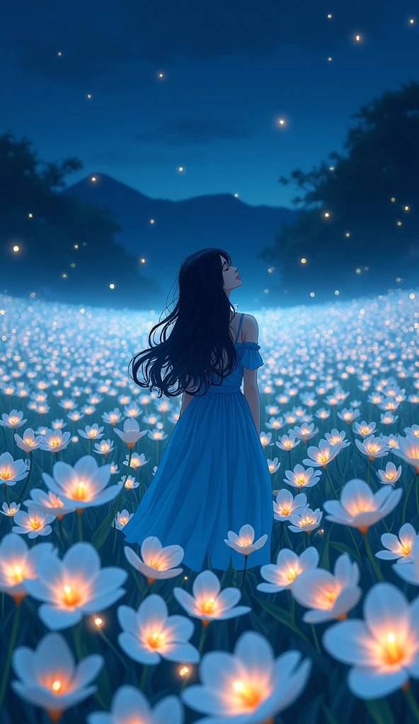 a vast white plumeria fields during the night, a fireflies and a woman wearing a blue dress and a long black wavy hair in the middle of it, close eyes, light smile, looking up, beautiful anime