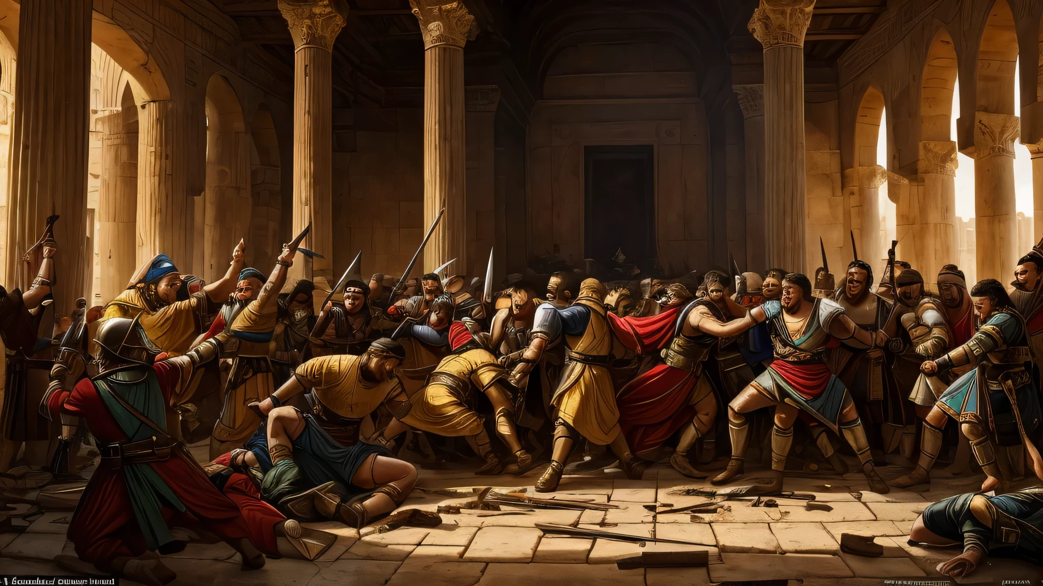 A vivid and intense depiction of the brutal battle between Roman soldiers and Jewish defenders inside the Temple in Jerusalem in 70 AD. The scene is filled with horror and chaos, with bodies of the dead strewn across the floor of the Temple. Bodies of the dead, both Roman and Jewish, are strewn across the floor, many of them seriously wounded. The Roman soldiers, their faces contorted with rage and hatred, are relentlessly attacking with swords and spears. The Jewish defenders, their faces contorted with terror and despair, are fighting desperately but are clearly overwhelmed. The holy Temple, once a place of worship, is now a scene of carnage, with flames and destruction everywhere. The atmosphere is one of absolute terror and the tragedy of the lives lost in this devastating conflict.