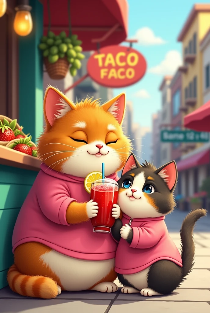 I want you to create a pair of cats, one calico and one orange, eating at a taco stand on the street while they sit on the sidewalk sharing a strawberry lemonade., I want the male to be a little bigger than the female calico kitten, I want you to make them fatter and prettier, I want them to have matching pink shirts