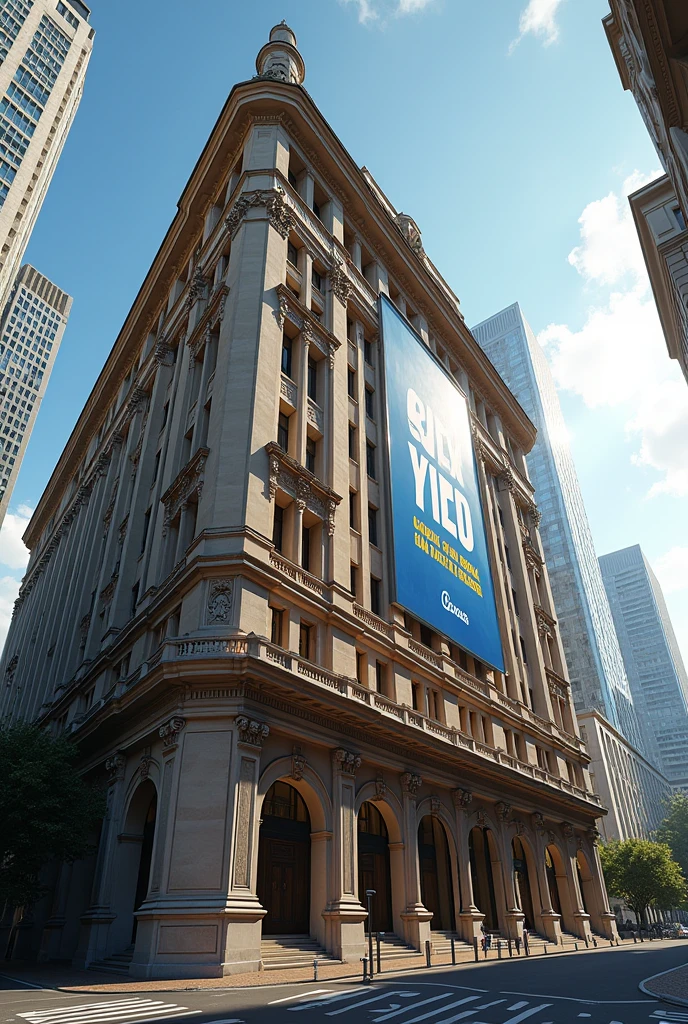(photorealistic) building with a banner announcing the start of the NFL season, with the caption: starts on September 5th, written in Portuguese.