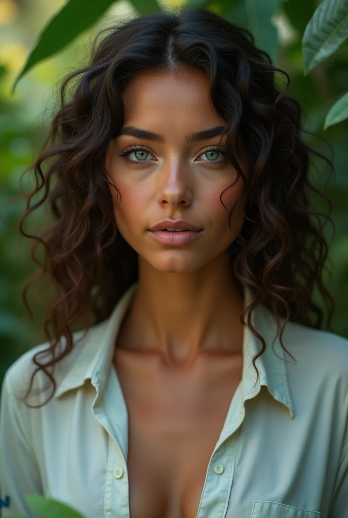 A Brazilian woman, blue-eyed, with curly hair in the lush Brazilian scrubland, wearing an open shirt, with a close-up capturing the harmonious beauty