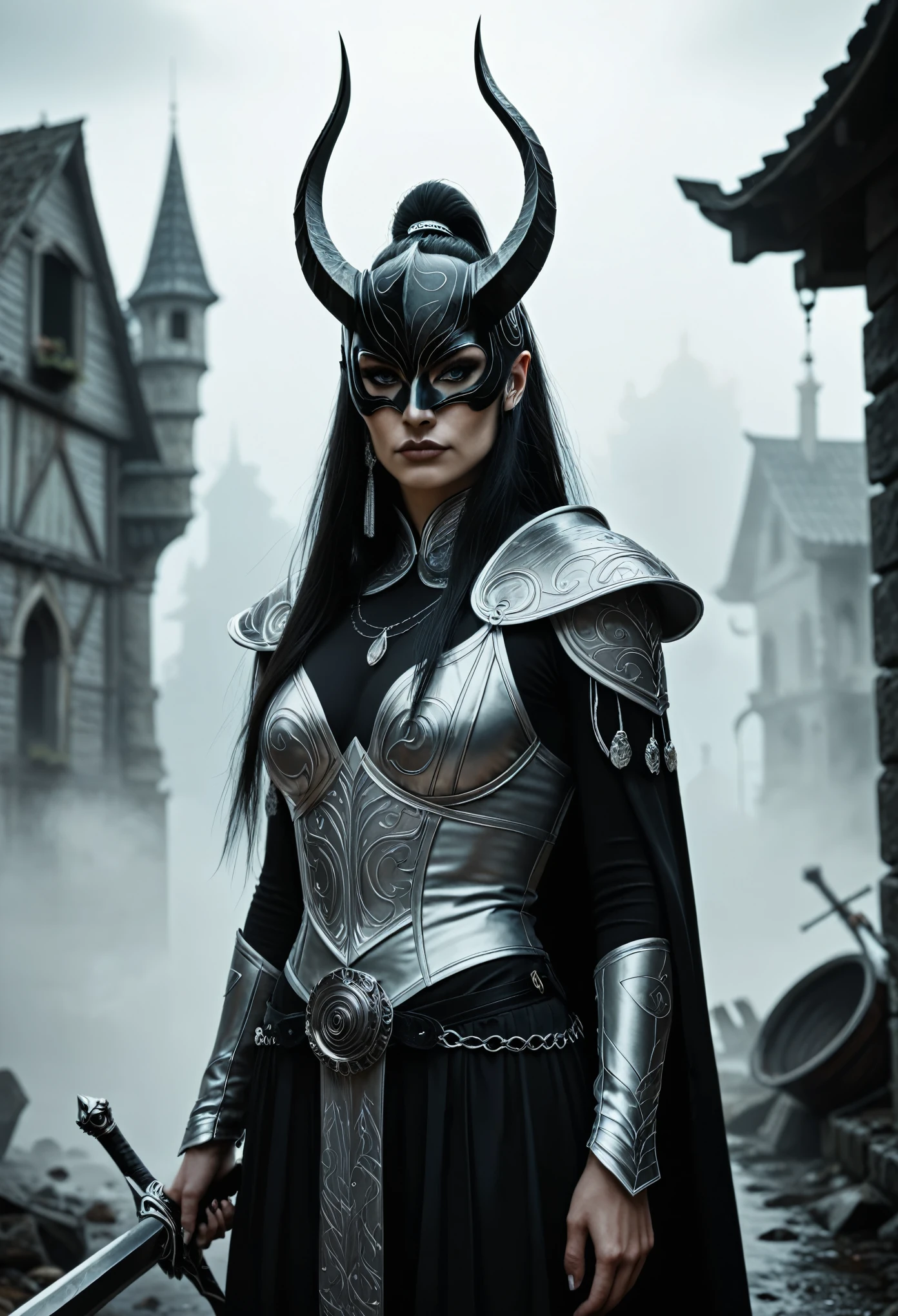 White masK on full head, (black line on centre of the mask), ((the mask closed full face, on mask only one blacl lone, without patterns , without open parts)),  perfect body female, grey pale skin,  (silk clothes , and Iron on shoulders), long hairs, ((Show she hold giant obsidian sword, turn up big sword make by obsidian material)), ((location ruined abandoned fantasy place)), magic place, detailed background, ((derp fog around , fog covered bottom)), detailed art, render smal details, render elements and accessories.