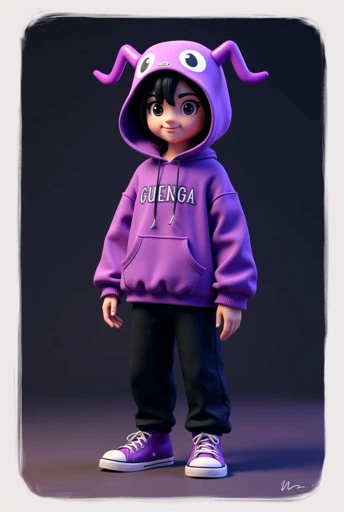 a character with a purple Guenga sweatshirt with Guenga eyes, black pants purple tennis shoes with a hat on top with Guenga's face with a dark background with black hair .minecraft,white border around the character.