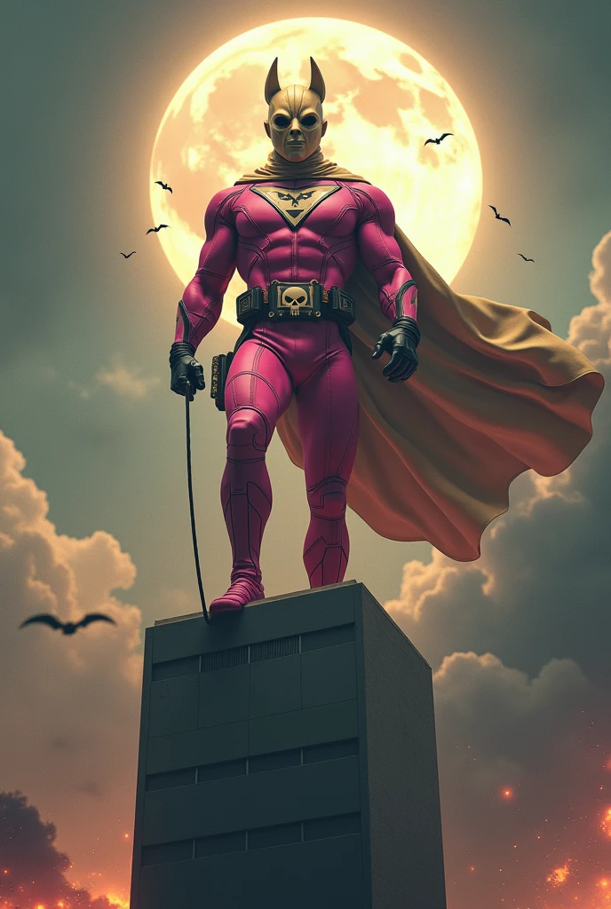 Malaysia man in high-tech suit, vivid effects, malaysian superhero (KELUANG MAN) in a striking pink and brown beige costume cyberpunk design, mask small mini bat ear beige, daredevil beige mask, jumpsuit dark pink stands confidently in a dramatic.jumping from high place.hero costume.one hand rise up. Big triangle logo on the chest.high detail Punisher logo on the chest. Fighting pose , stormy landscape. ((Head covered node guard like batman. Running pose , athletic body type, small mini ear bat mask))The character wears domino mask a helmet with pointed mini torn ears and a flowing cape biege, open nose and mouth. Equipped with visible futuristic weapons on a belt,bullet proof jacket pink dark day.show fingers pose, dark night, big supermoon effect . Small logo on chest triangle shape small punisher logo center triangle cyber logo center on chest pink logo mini logo . rocky. Building top.smoke ground , bomb effect background, losse pants, losses costume.adding to --ar 3:4 --style raw --stylize 500 --v 6.1. chaos. Lot of small flying bat. One leg on the high stone. Man. Backpack . Real man age 40 year old. One hand holding belt.one hand holding black rope hanging on building