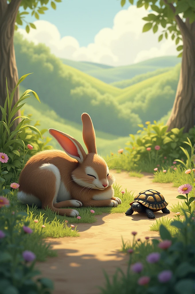 Sleeping hare and a tortoise walking in front