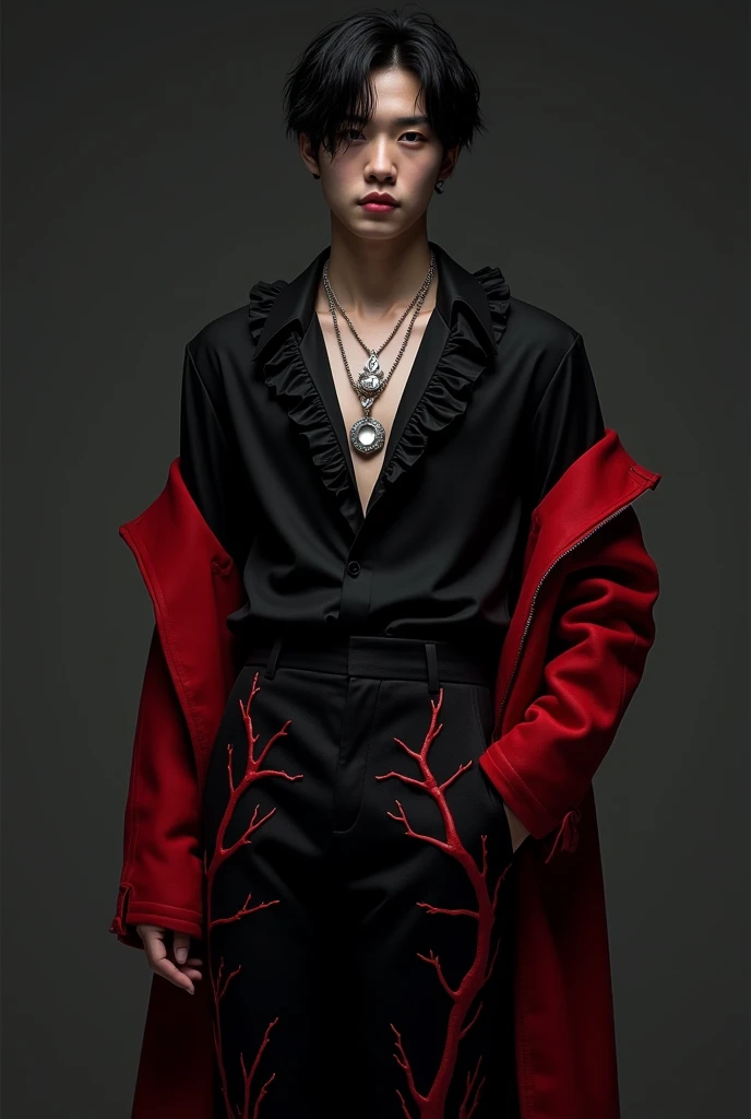 Create BTS's V with a charcoal black button-down shirt with ruffles at the collar and a plunging V-neckline, with a long platinum chain With a Moon pendant, Black flared pants that have red vines on them.branched out from one end to the knee giving it the appearance of tree branches soaked in blood and with a mahogany red coat that reaches the ankles