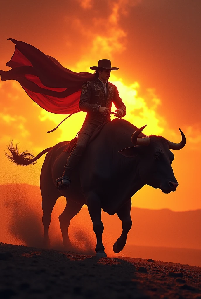 Silhouette of a bullfighter riding a bull