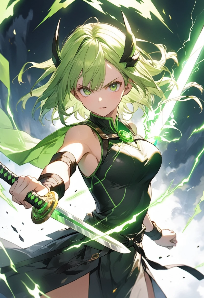 a ,(black),tomoegozen,hold the sword in the middle position,dynamic pose,sword wrapped in green flames,cowboy shot,breasts,swift lightning,lightning fast