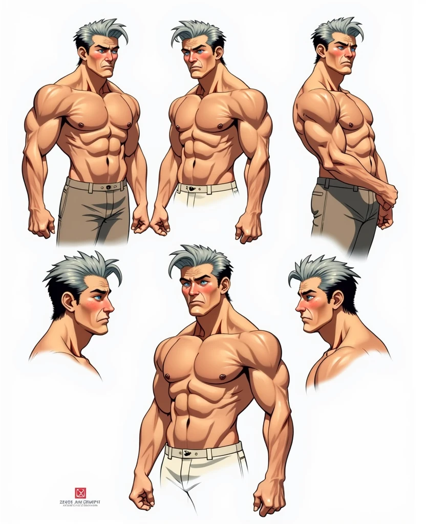 Character of an adult male named John Smith. He has fair skin with a few freckles, short gray hair slicked back with hints of brown, and intense blue eyes with a watchful expression. His build is stocky and muscular. The style should mix 1980s comic book art with 1980s anime, Different angles, character sheet, white background --3:2 aspect ratio, character poses