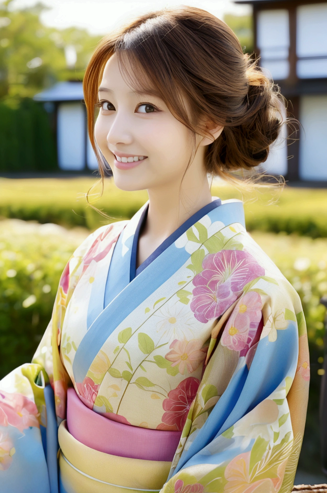 smile, Hokkaido, nature, front, 最high quality、high quality、Best image quality、8k、最High resolution、High resolution、Realistic photos, Healthy body, Beautiful Eyes, flowing brown hair, Colorful kimono, Calm expression, Soft lighting, Traditional Japanese art style, Vibrant colors, Peaceful atmosphere, Delicate features, Graceful posture, Beautiful Landscape, 1