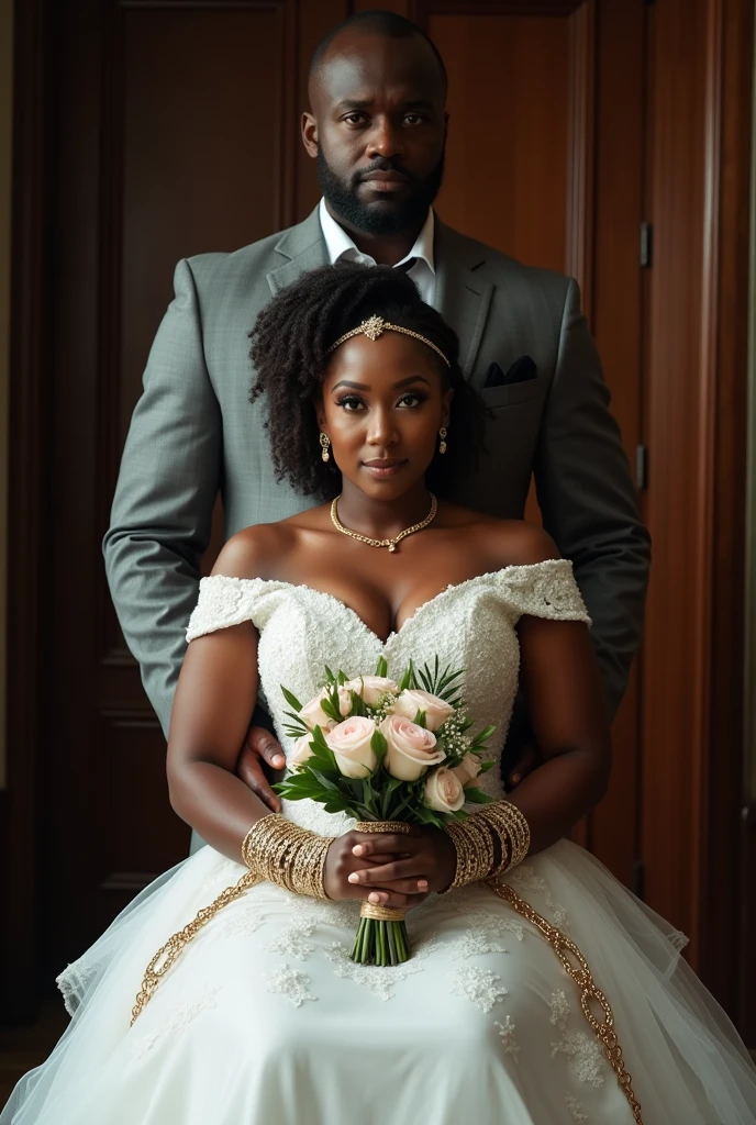 African bride, seated in a luxurious wedding dress, holding a bouquet, her wrists bound with remarquable long chains, exclusively binding her wrists.She appears confident and stunning with a healthy and few plumping figure. Behind her stands a tall, imposing African man in a suit jacket, his presence dominating. His gaze is fixed on her, exuding control and authority. The contrast between her delicate, seated form and the powerful figure behind her creates an intense atmosphere of tension, captivity, and restrained emotion, hyper realistic beautiful photography"