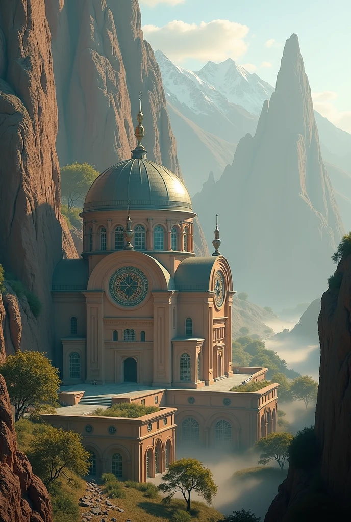 there is a large Ethiopian Orthodox Church building with hemispherical Dom that is built into the side of a mountain, intricate matte painting, matte painting of human mind, digital matte painting, ancient yet futuristic, elaborate matte painting, hyperdetailed 3d matte painting, hyperdetailed 3 d matte painting, extravagant matte painting, epic matte painting, epic cinematic matte painting, matte painting concept art, giant tomb structures,smoke, tree.