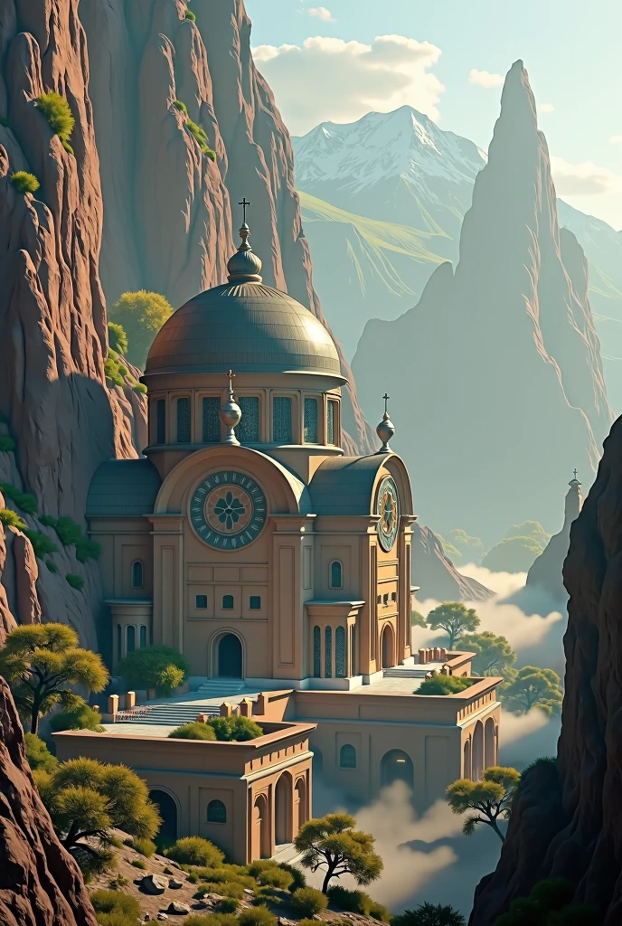 there is a large Ethiopian Orthodox Church building with hemispherical Dom that is built into the side of a mountain, intricate matte painting, matte painting of human mind, digital matte painting, ancient yet futuristic, elaborate matte painting, hyperdetailed 3d matte painting, hyperdetailed 3 d matte painting, extravagant matte painting, epic matte painting, epic cinematic matte painting, matte painting concept art, giant tomb structures,smoke, tree.