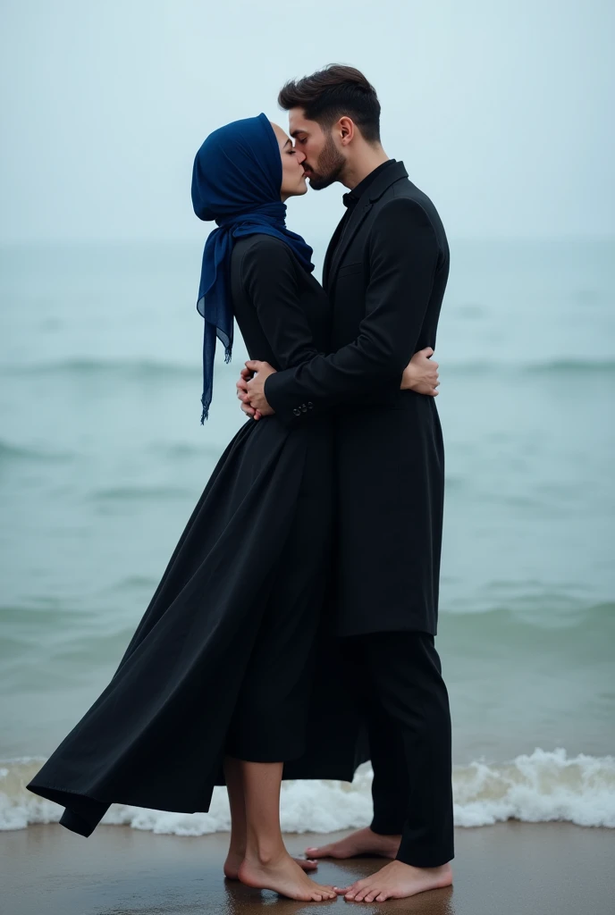 Navy blue headscarf on the beach, black long closed coat, barefoot, Sexy skinny woman kissing with man