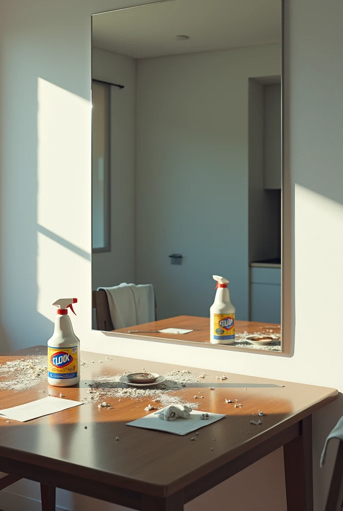 Create a digital artwork that illustrates a paradox of cleanliness featuring a large, frameless mirror in a modern kitchen. In the reflection of the mirror, the wooden dining table appears perfectly clean, showcasing a shiny, polished surface without any clutter or dirt.

However, in reality, outside of the mirror's reflection, the same table is visibly dirty and disorganized. It should have crumbs, spilled liquids, scattered papers, and dirty dishes, clearly depicting a messy scene.

A bottle of Clorox should be placed prominently on the table, clearly visible in both the reflection and the actual scene. The lighting should enhance the clean appearance of the reflected table while making the dirty table appear dim and uninviting.

The artwork should create a strong contrast between the immaculate reflection and the messy reality, emphasizing that the cleanliness in the mirror is the result of using Clorox.