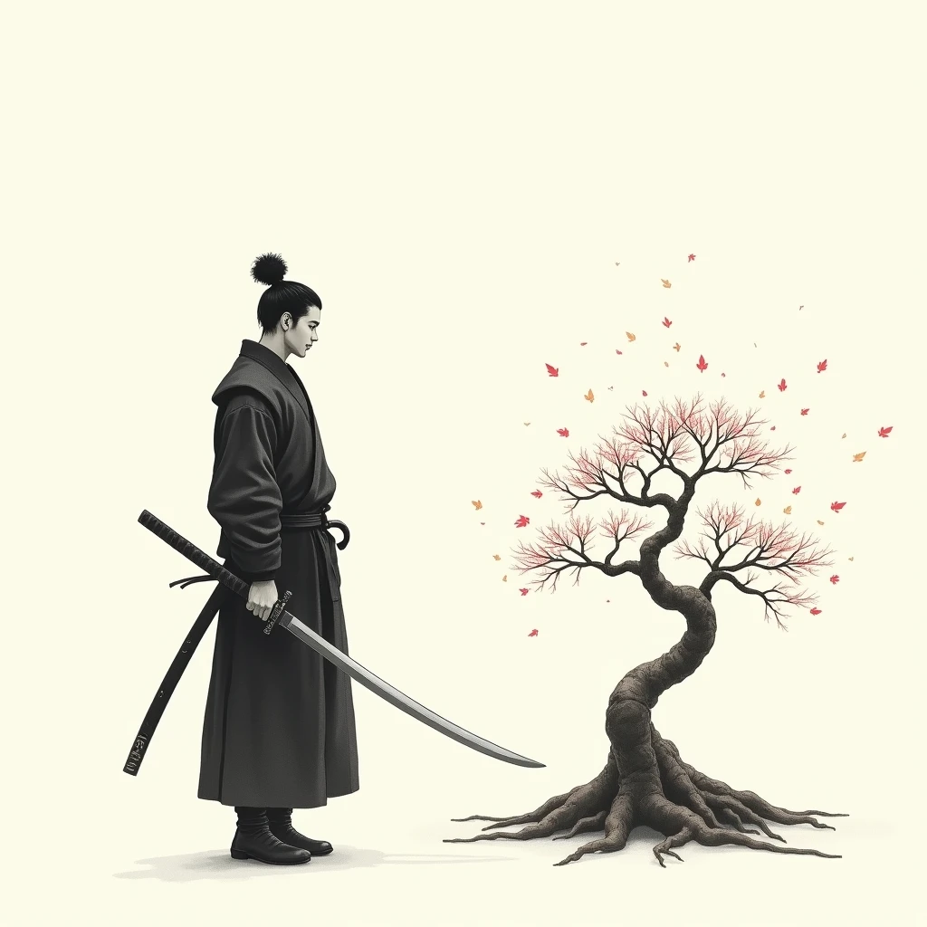 A samurai a sword in hand, facing a bonsai he is facing away the sword in his hand is lowered and the bonsai is dropping leaves with simple strokes