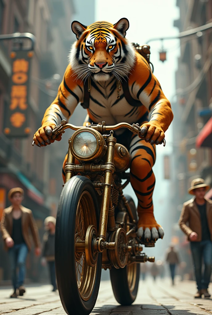 'steampunk tiger on a bike, street view '